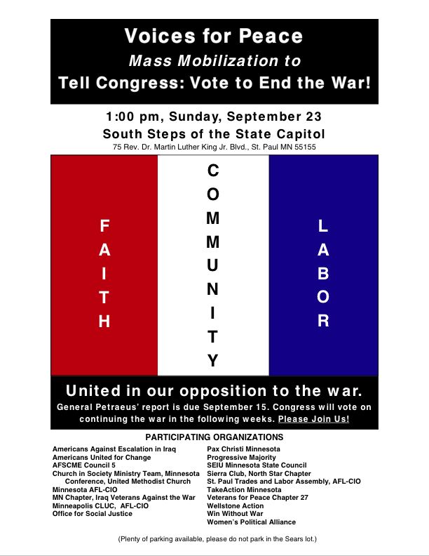 Voice for Peace Mass Mobilization in St. Paul, MN 9/23