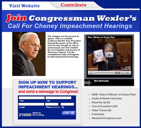 Wexler Petition to Impeach Cheney hits 210,000